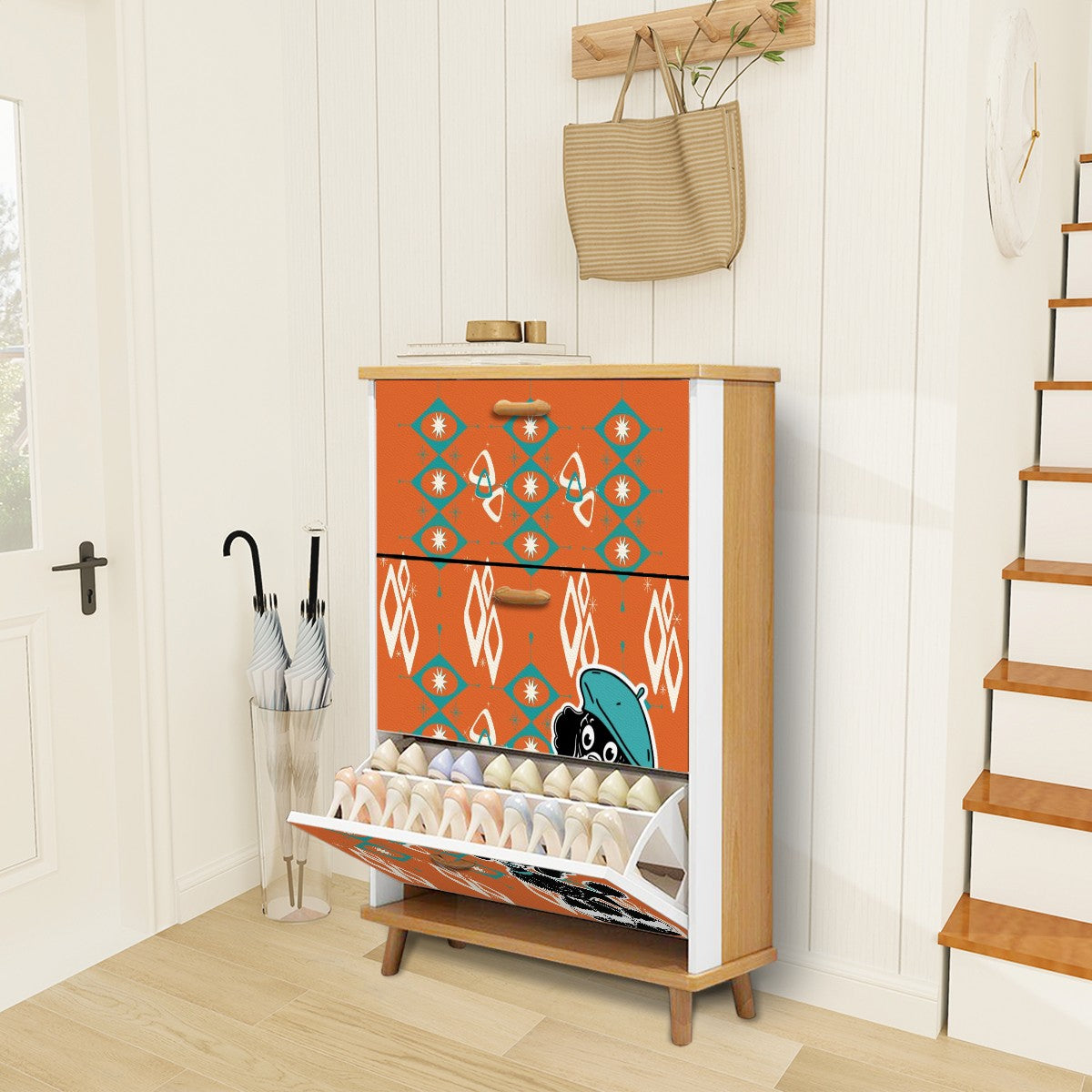 Atomic Orange Starburst Diamonds, Teal Mid Century Modern Kitschy Mod Poodle Shoe Storage Cabinet - Mid Century Modern Gal