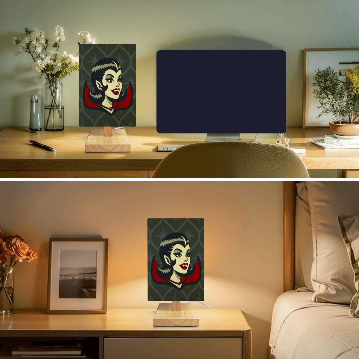 Vampire Dracula Girl Halloween Goth Horror Buff MCM Green Square Table Lamp - Mid Century Modern Gal