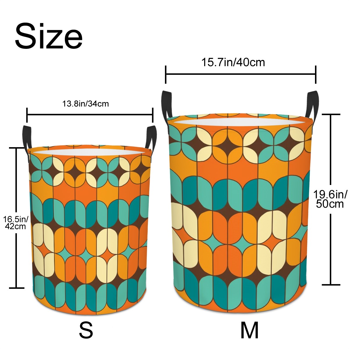 Mid Mod Orange, Teal Geometric Retro MCM Circular Laundry Basket