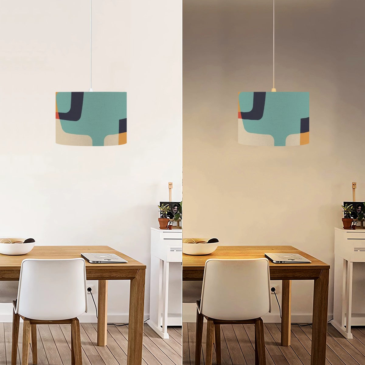 Mid Century Modern Hanging Light Fixture, Drum Shade Mod Geometric