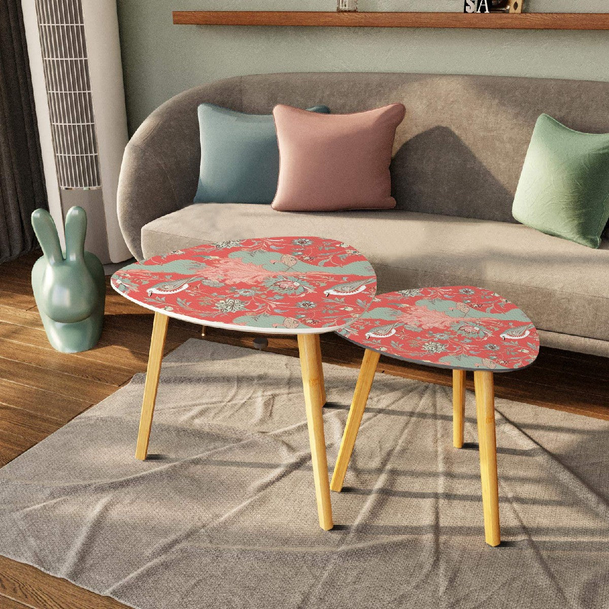 Chinoiserie Modern Nesting Tables, Floral Design In Coral And Mint Green - Mid Century Modern Gal