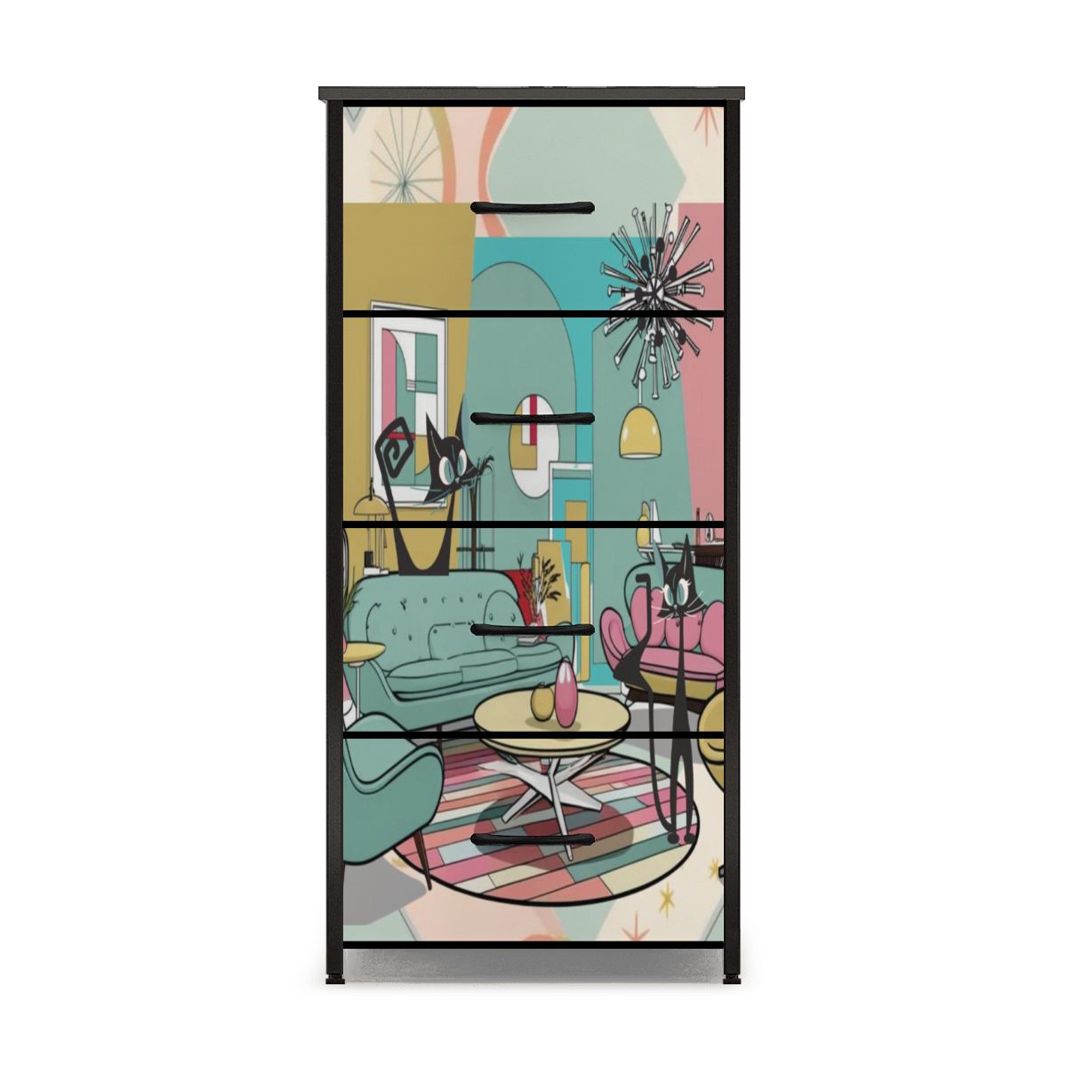 Atomic Cat, Mid Century Modern Lounging Retro Cats, MCM 4-Drawer Dresser - Mid Century Modern Gal