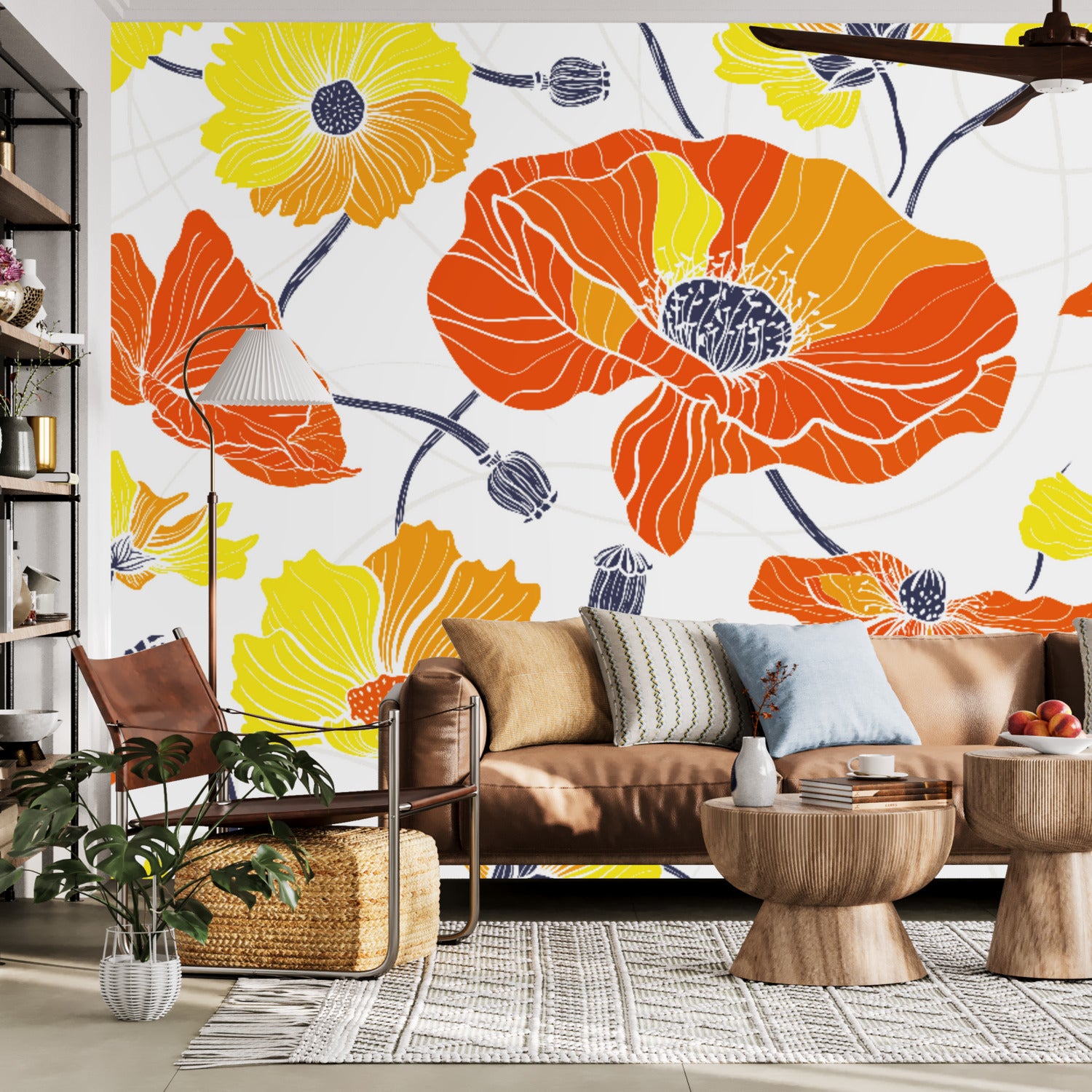 Vintage Poppy Orange Yellow Retro Florals, Mid Century Modern Wall Murals - Mid Century Modern Gal