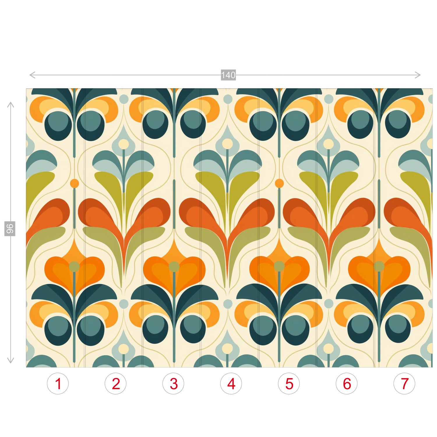 Scandinavian Floral Orange Blue, Green, Mid Mod Peel And Stick Wall Murals - Mid Century Modern Gal