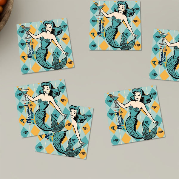 Retro Mermaid 50s Kitsch Mid Century Modern Mermaid Lounge Barware Coasters