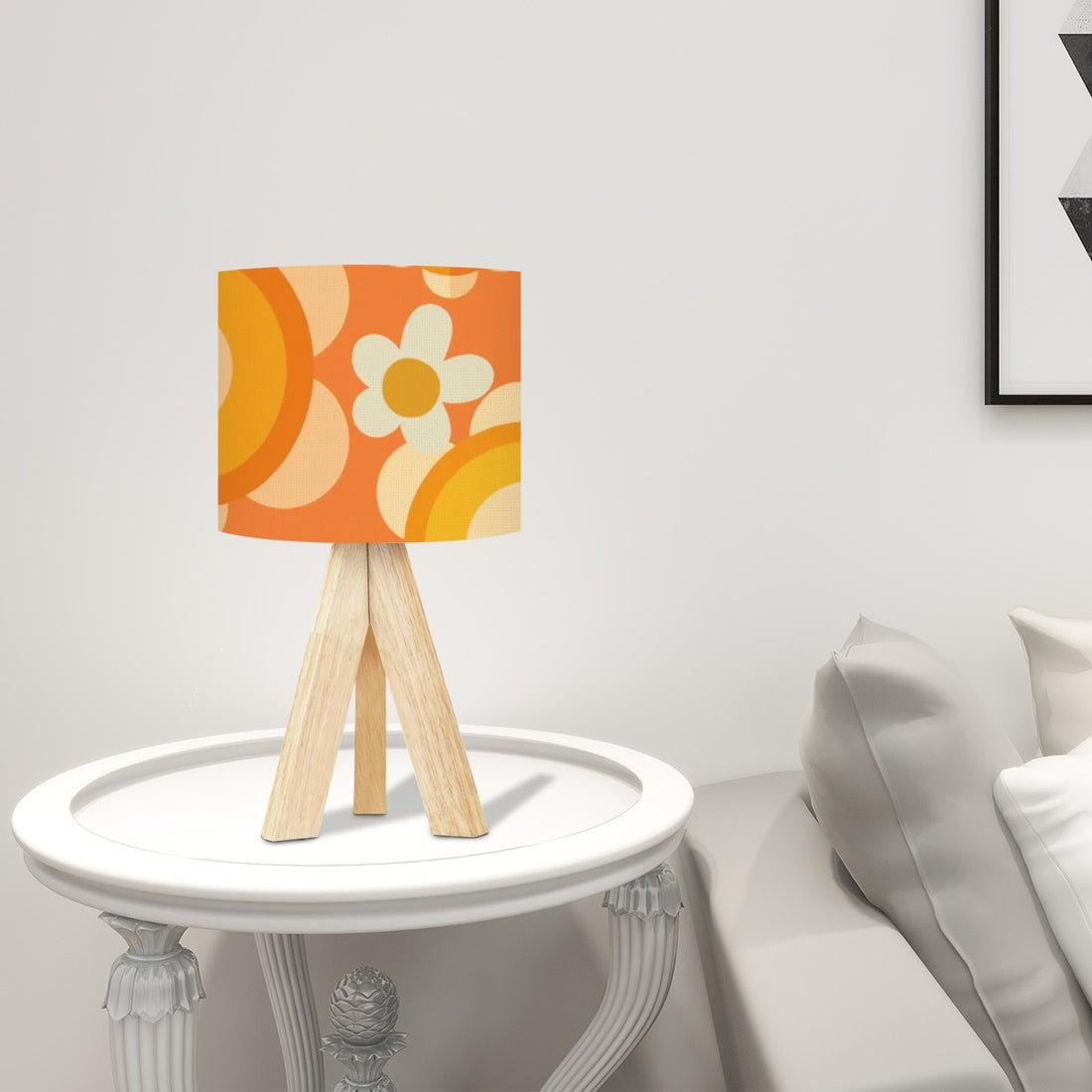 Flower Power Retro Groovy Orange, Yellow, Cream Table Tripod Lamp - Mid Century Modern Gal