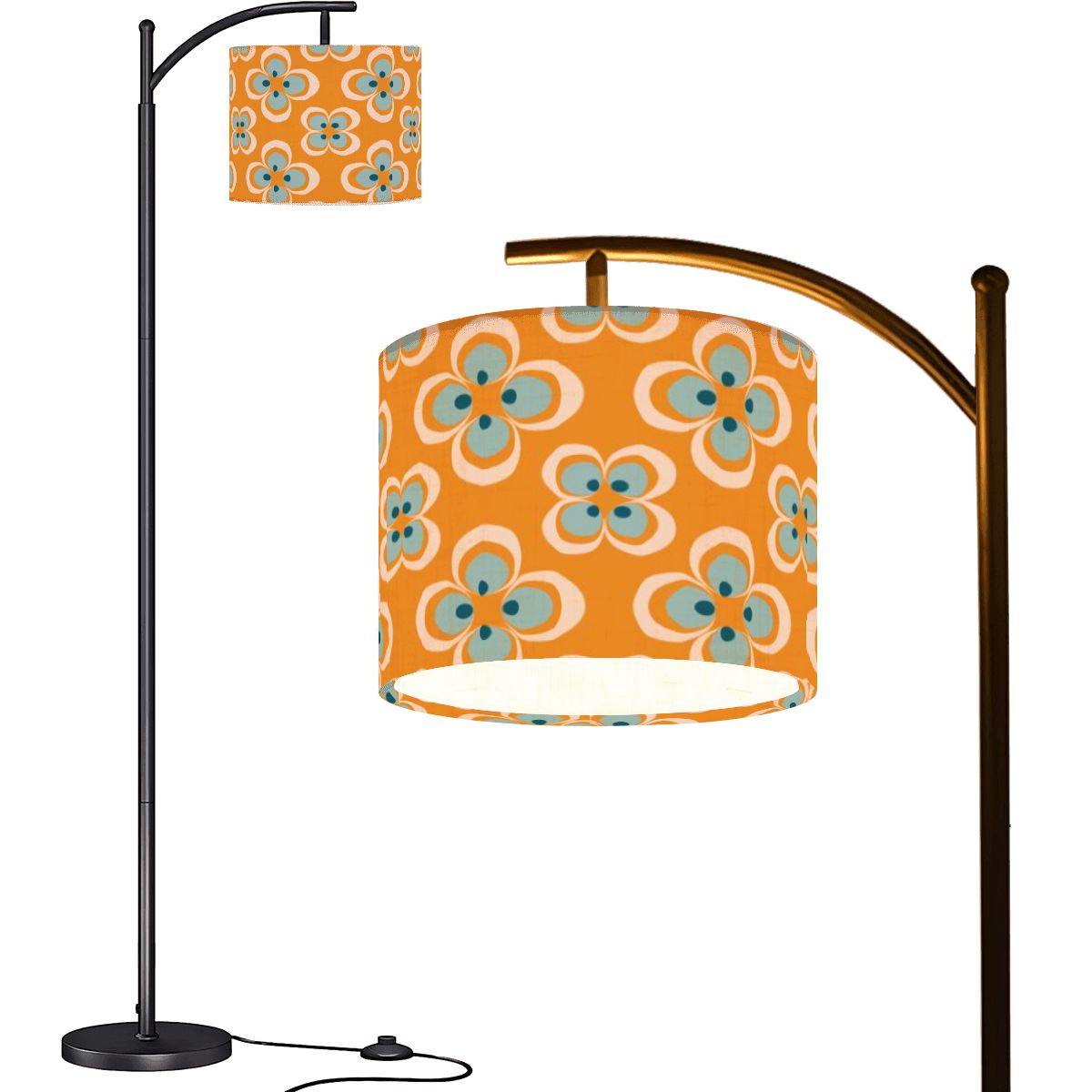 Mid Century Modern Scandinavian Modern Danish Orange, Blue Floral MCM Arc Floor Lamp - Mid Century Modern Gal