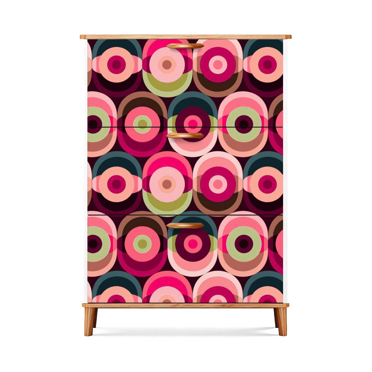 Mid Century Modern Groovy Mod Orbs, Pink, Green, Blue Retro Shoe Storage Cabinet - Mid Century Modern Gal