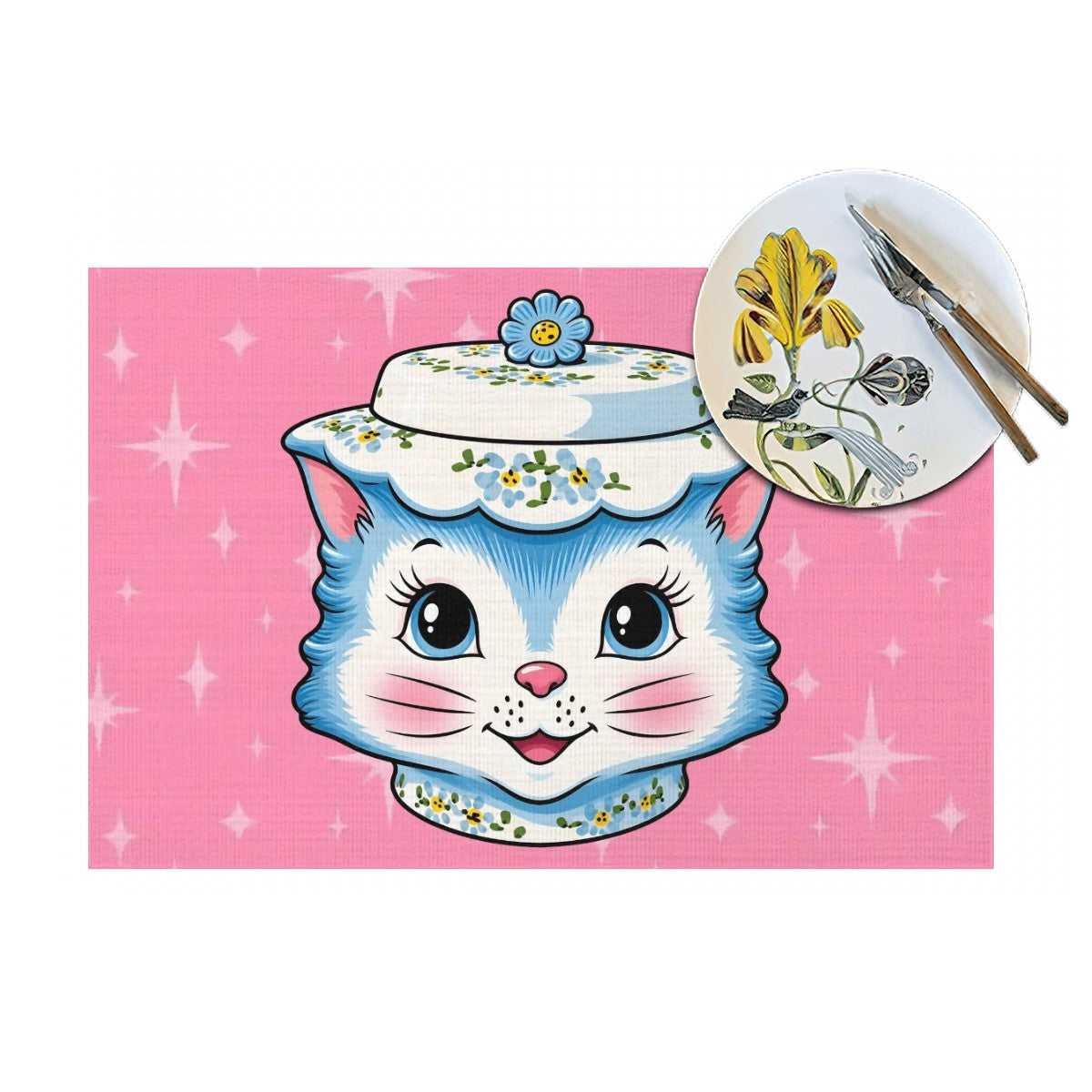 Mid Century Modern Kitschy Anthropomorphic Blue Cat with Floral Hat Placemat 1pc - Mid Century Modern Gal