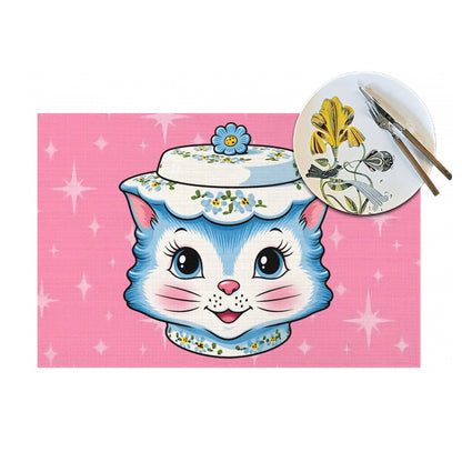 Mid Century Modern Kitschy Anthropomorphic Blue Cat with Floral Hat Placemat 1pc - Mid Century Modern Gal