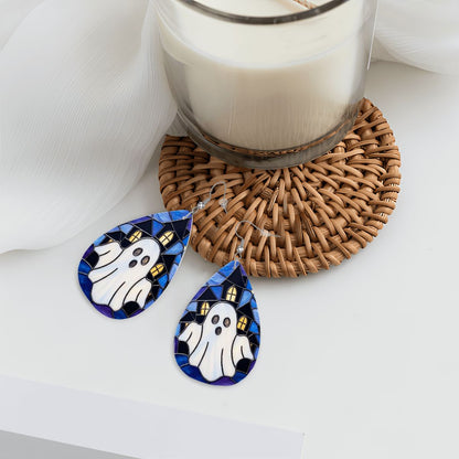 Halloween Stained Glass Style Ghost Haunted House Vegan Leather Teardrop Earrings