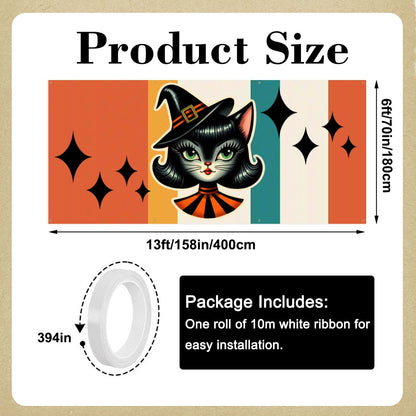 Kitschy Atomic Sexton Cat Halloween, Fall Party Backdrop, Garage Door Banner Backdrop - Mid Century Modern Gal