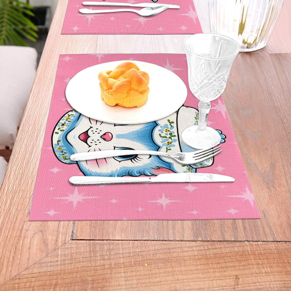 Mid Century Modern Kitschy Anthropomorphic Blue Cat with Floral Hat Placemat 1pc - Mid Century Modern Gal