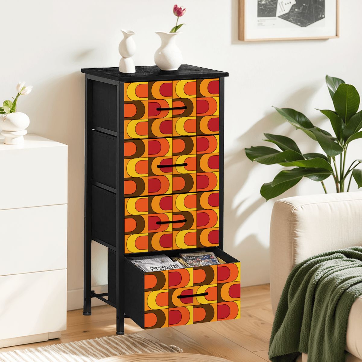 Retro Mid Mod Orange Yellow Brown Groovy 70s Design 4-Drawer Dresser - Mid Century Modern Gal