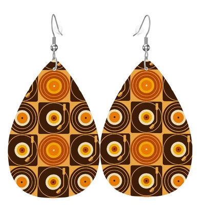 Groovy Retro Record Players, Brown Orange Yellow Vegan Leather Teardrop Earrings - Mid Century Modern Gal