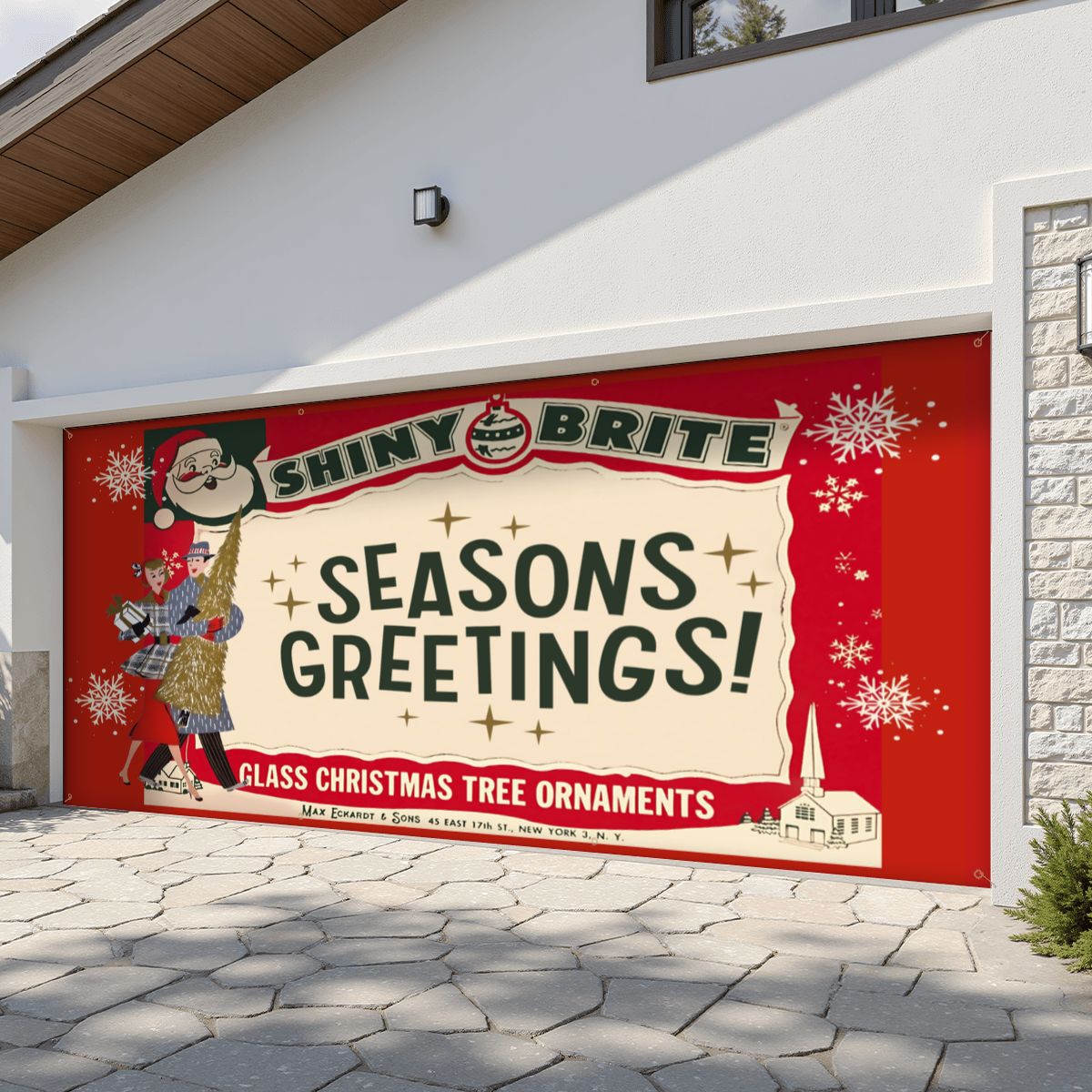 Vintage Shiny Brite Retro Christmas Ornaments Garage Door Banner Backdrop - Mid Century Modern Gal