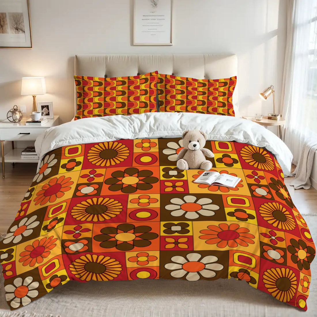 Retro 70s Bedding, Orange Brown Yellow, Hip Mod Daisy Flower Power Queen Duvet Cover Set - Mid Century Modern Gal