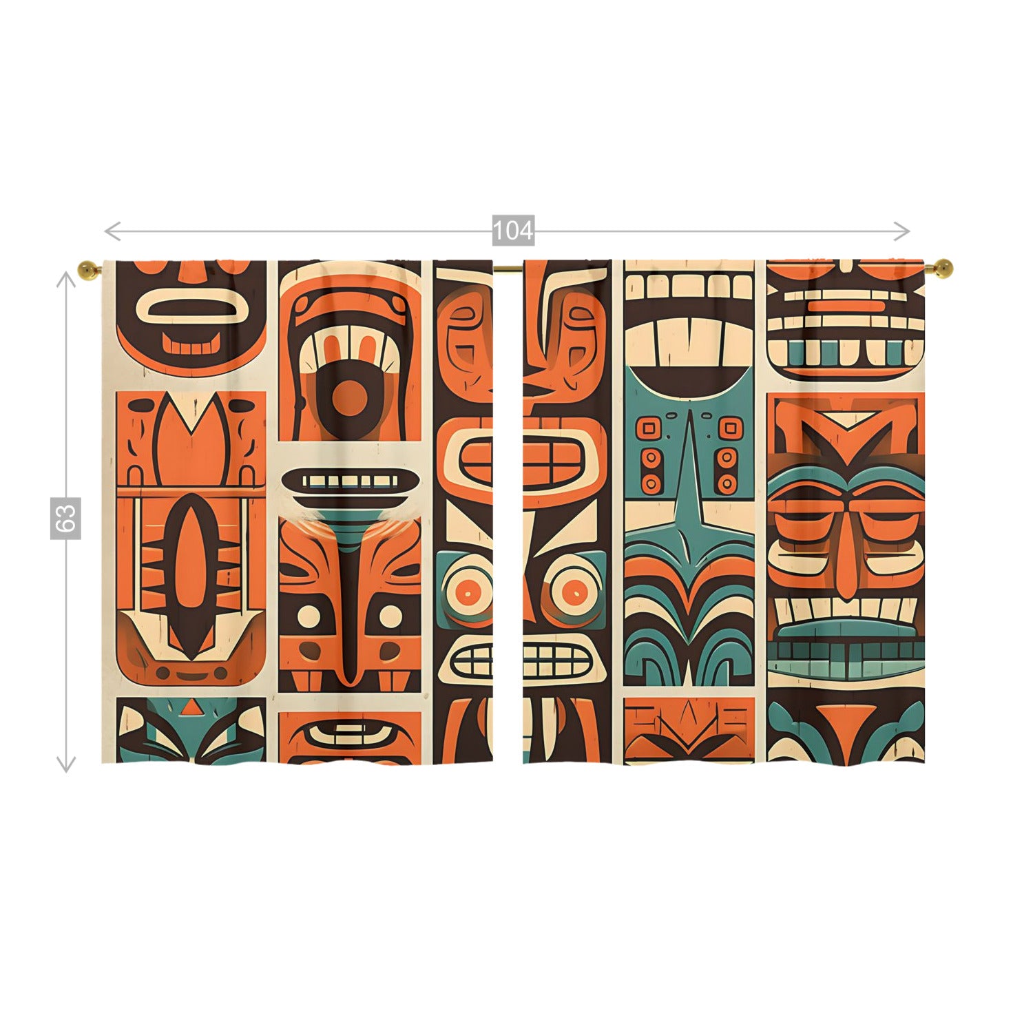 Tiki Idol Mid Mod Retro Orange, Teal Beige Window Curtains (two panels)