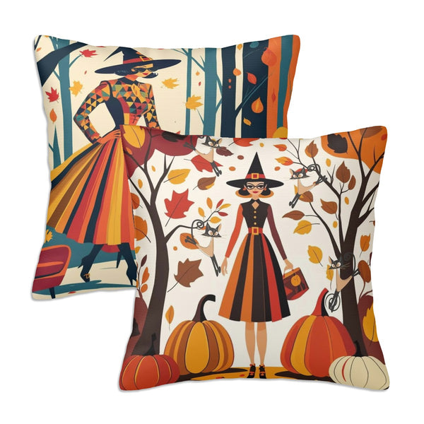 Mid Century Modern Fall, Halloween Kitschy Mod Witches, Atomic Quirky Cats Seasonal Pillow Covers
