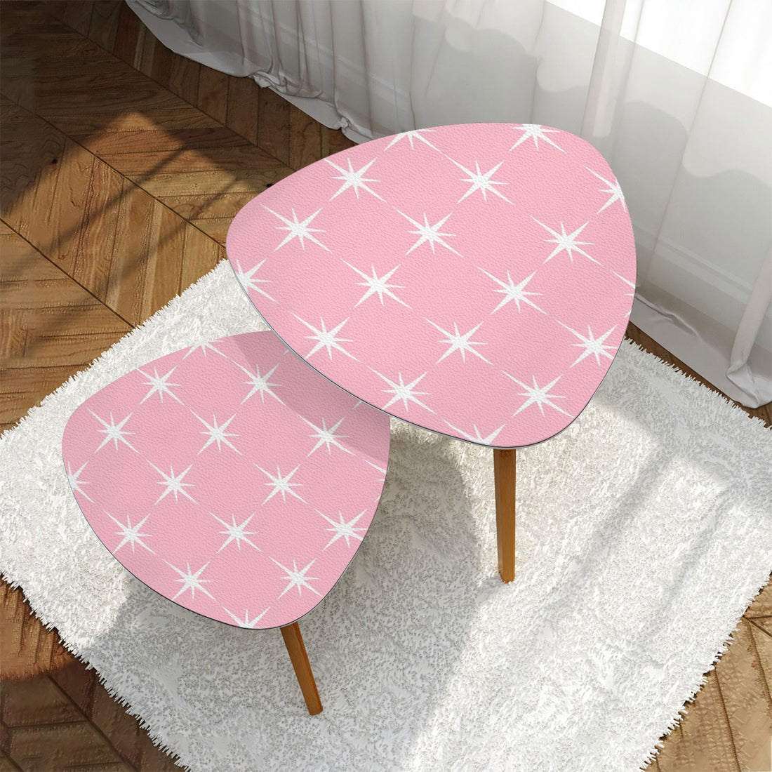 Atomic Pink White Starbursts Retro 50s Mid Century Modern Nesting Tables