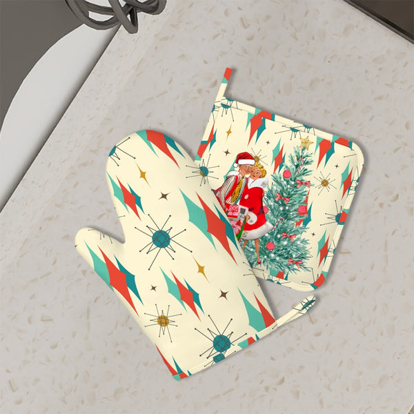 Retro Vintage Christmas Holiday Kitsch Atomic Starburst Oven Mitts and Pot Holders Sets (Right Hand)