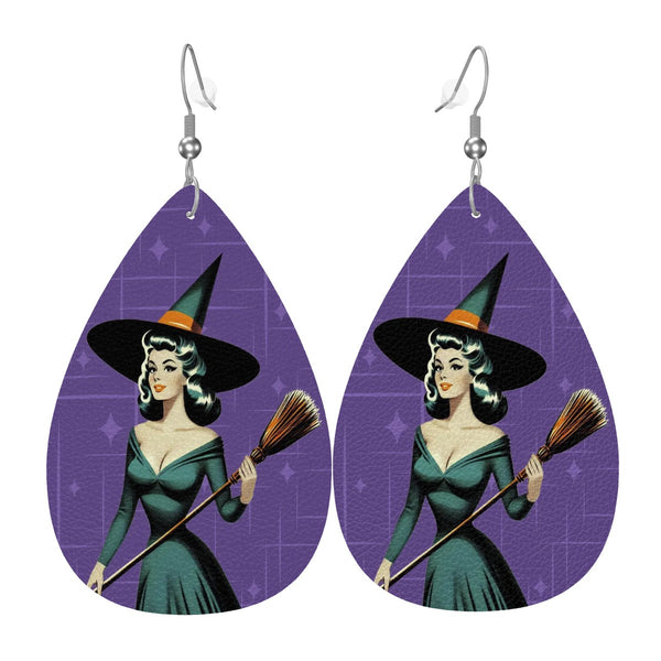 Mid Century Modern Vintage Pin Up Witch Purple Teal Halloween Vegan Leather Teardrop Earrings
