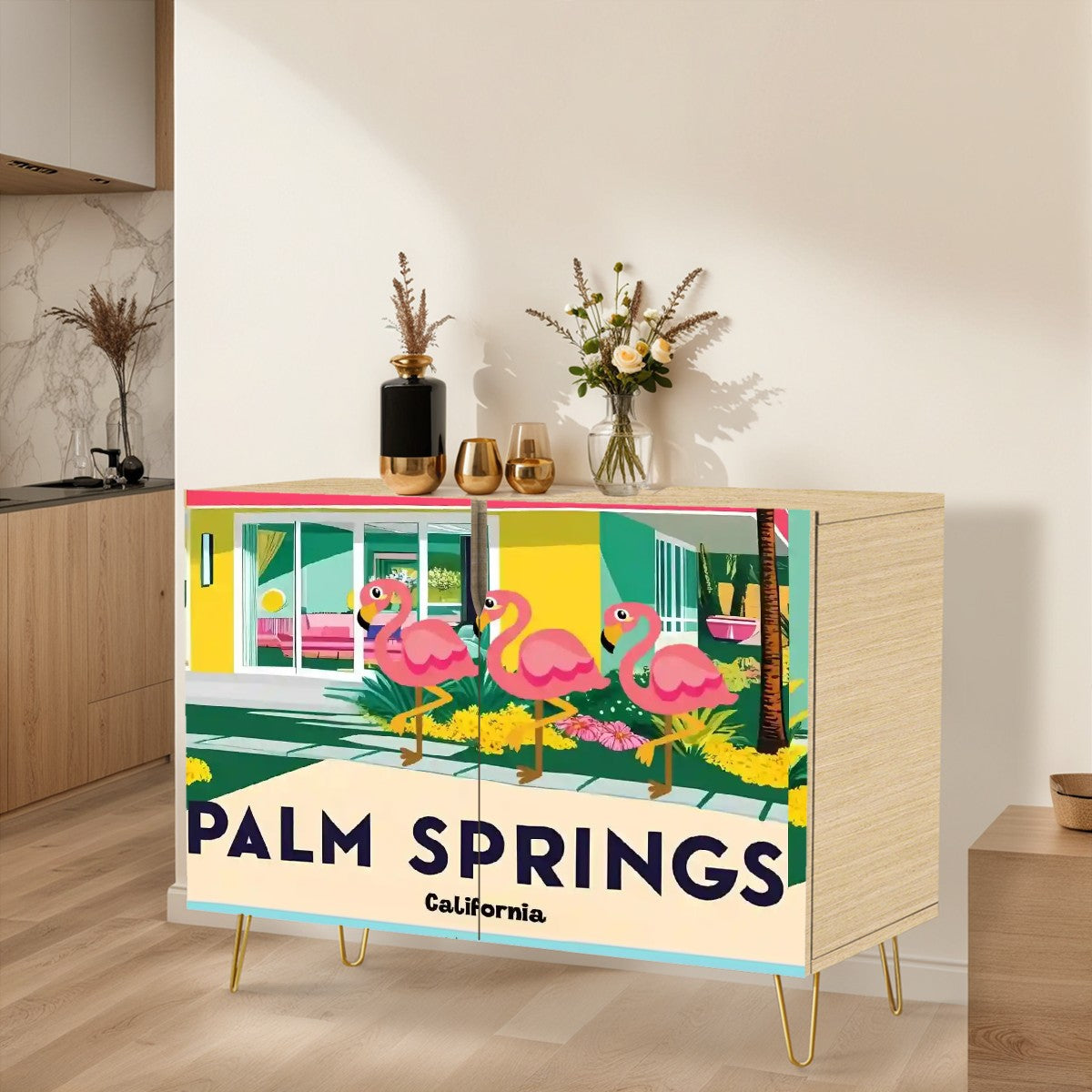 Mid Century Modern Palm Springs California Decor, Flamingo Wooden Storage Cabinet - Mid Century Modern Gal