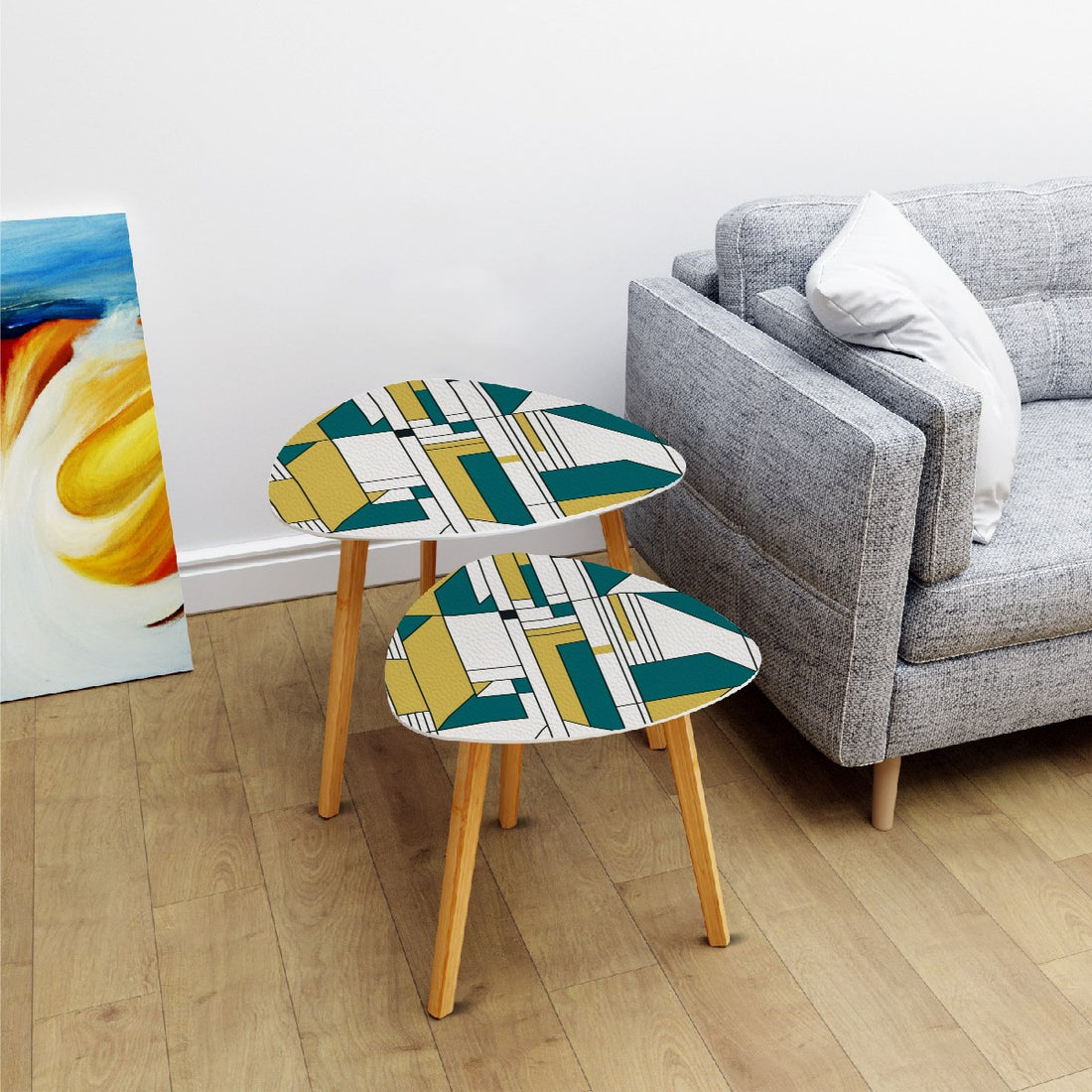 High Moderism International Style Bauhuas Mod Nesting Tables, Teal Green Motif - Mid Century Modern Gal