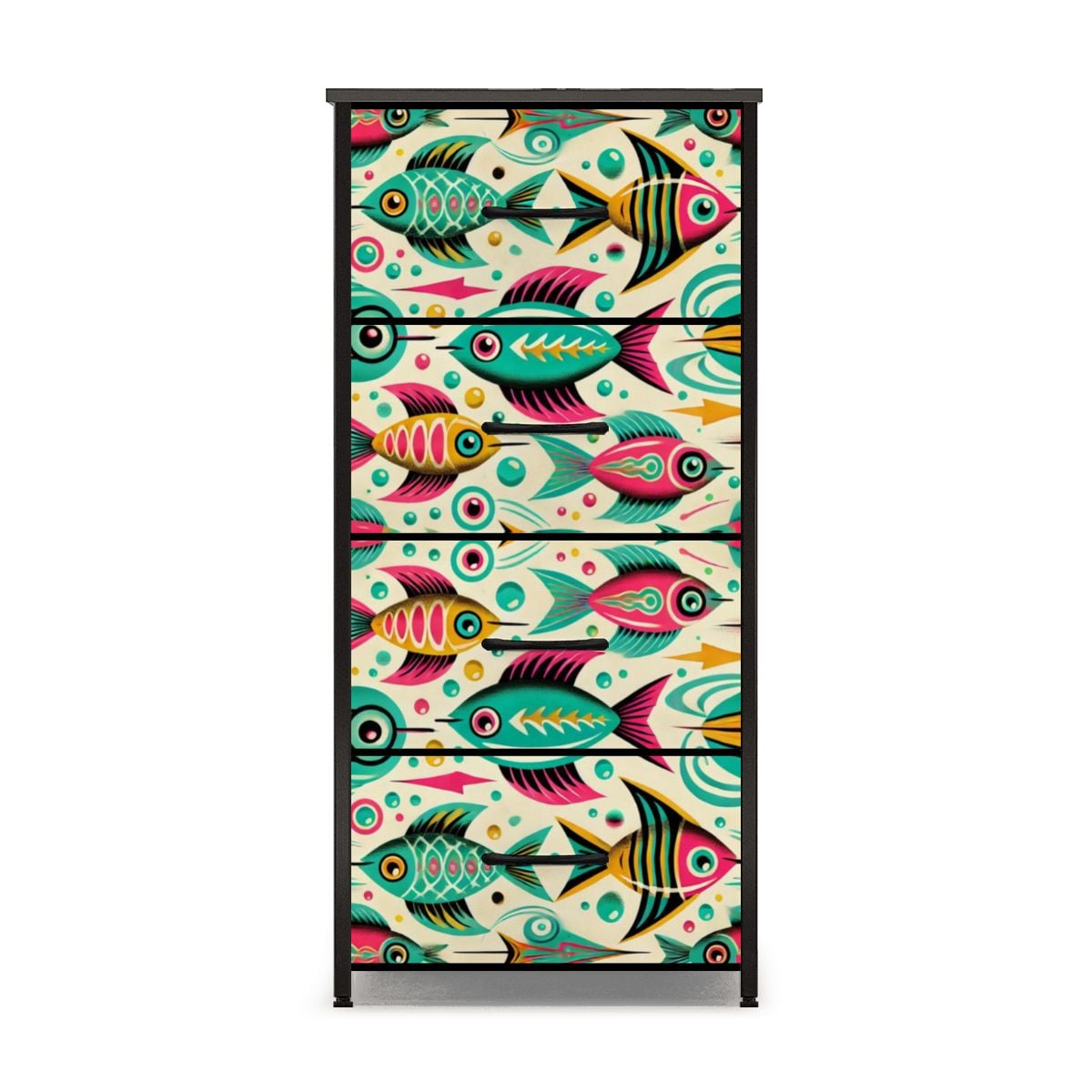 Atomic Fish Art Decor, Whimsical Kitschy Fish Mid Century Modern 4-Drawer Dresser - Mid Century Modern Gal