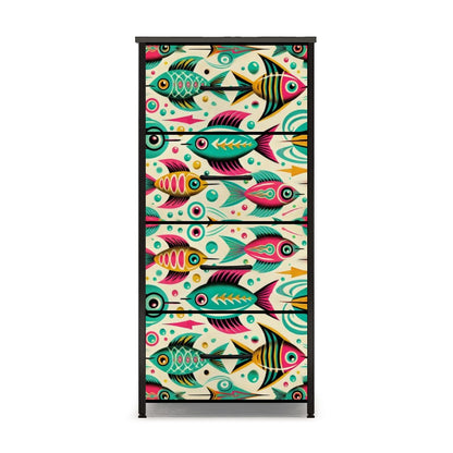 Atomic Fish Art Decor, Whimsical Kitschy Fish Mid Century Modern 4-Drawer Dresser - Mid Century Modern Gal