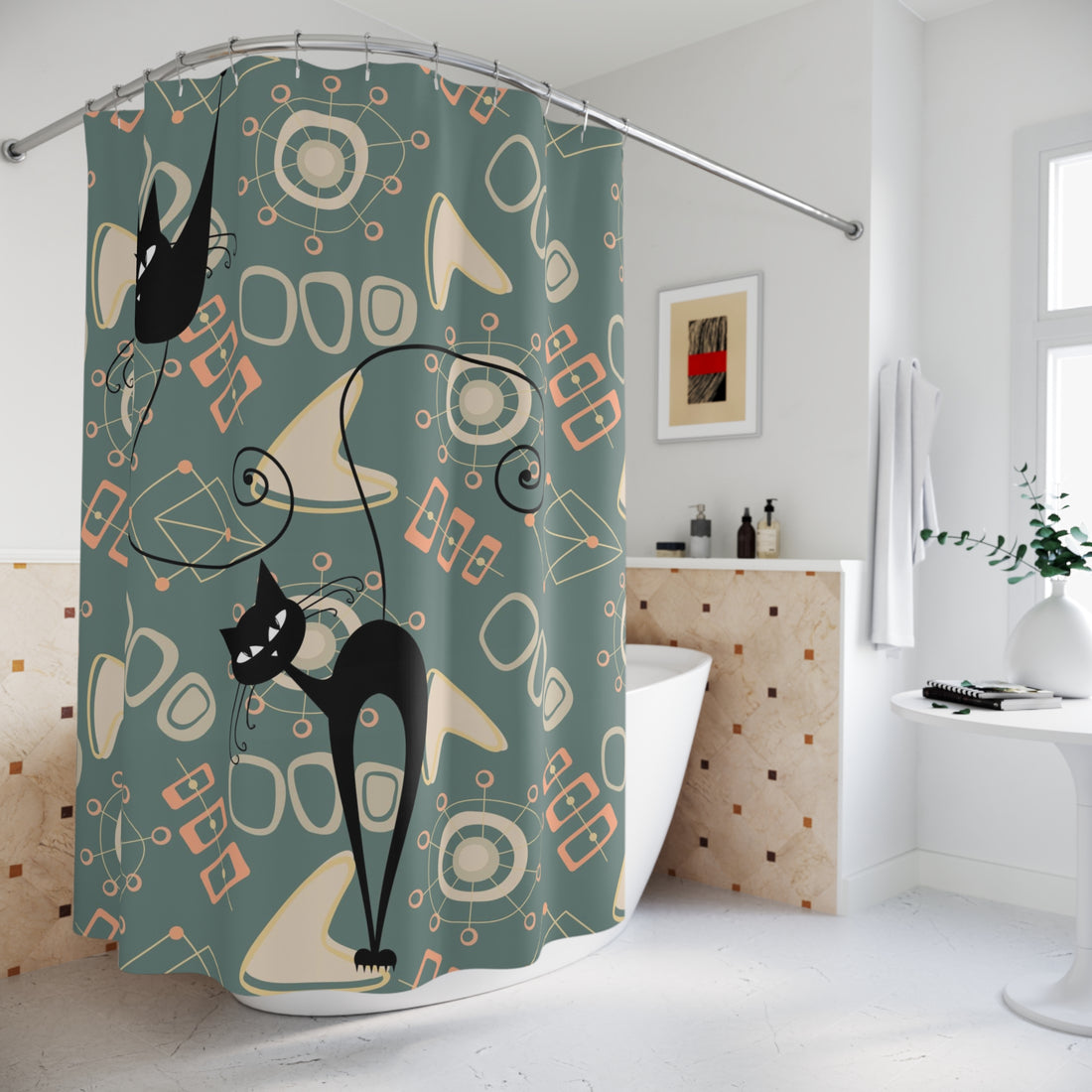 Atomic Cat Shower Curtain, Mid Mod Retro Kitschy, Mid Century Modern Googie Designs Bathroom Shower Curtain - Mid Century Modern Gal