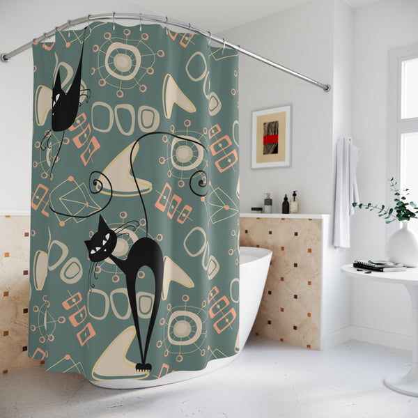 Atomic Cat Shower Curtain, Mid Mod Retro Kitschy, Mid Century Modern Googie Designs Bathroom Shower Curtain