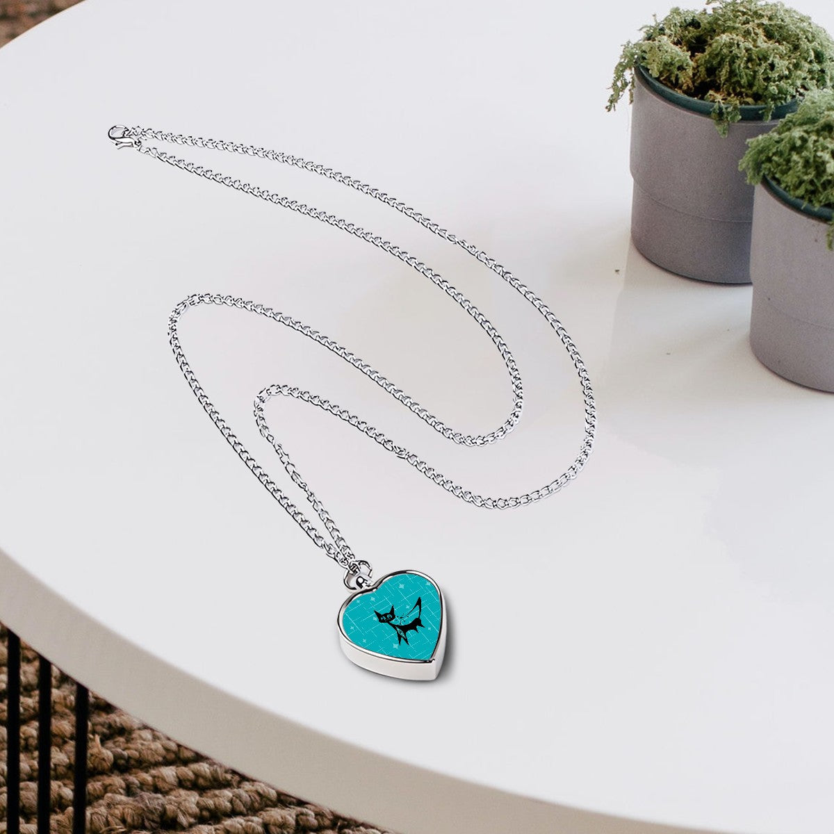 Mid Century Mod Atomic Cat Teal Blue Retro Sentimental Piece Pet Ashes Necklace - Mid Century Modern Gal
