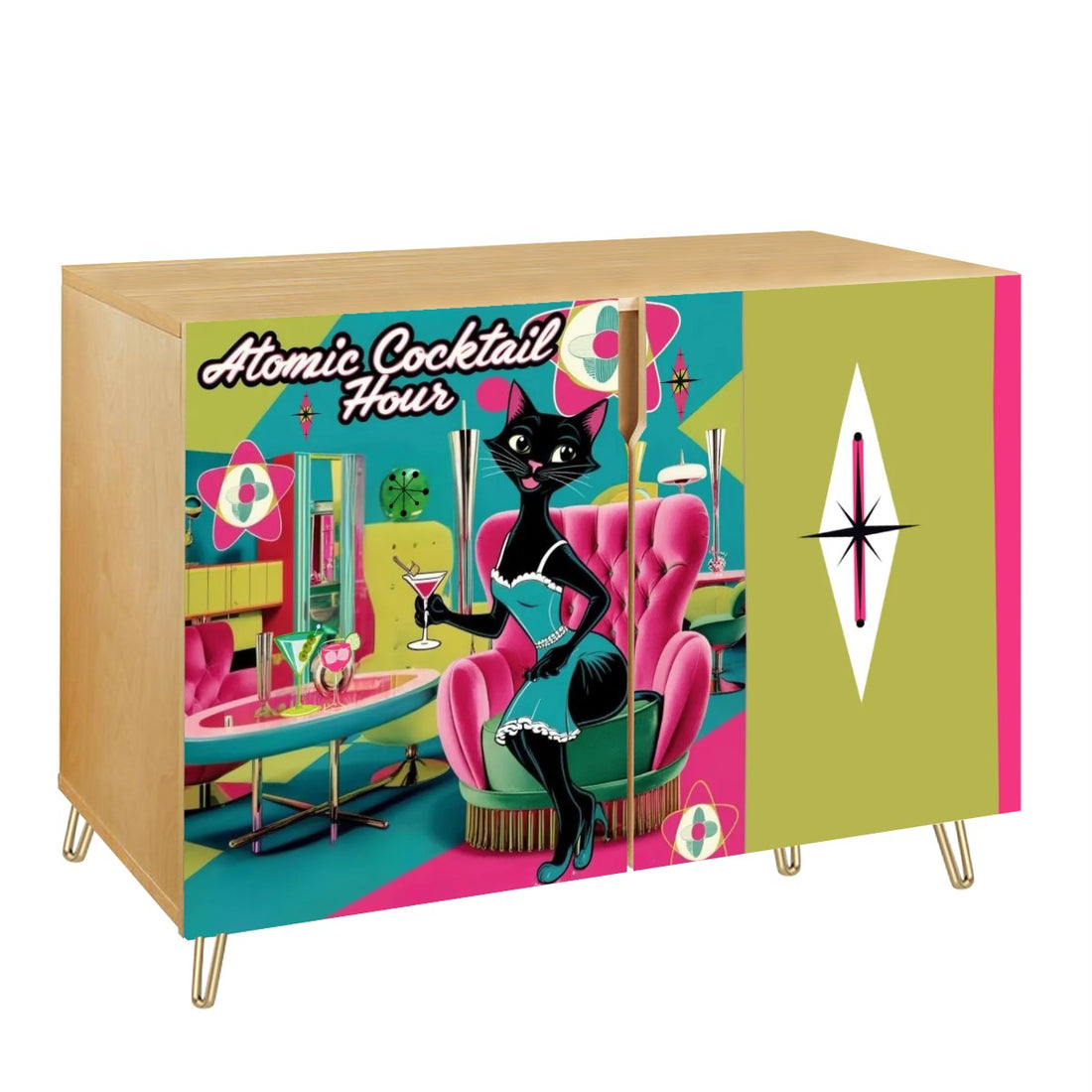 Mid Century Modern Bar Credenza Sideboard, Kitschy Mod Cat, Quirky Fun MCM Wooden Storage Cabinet - Mid Century Modern Gal