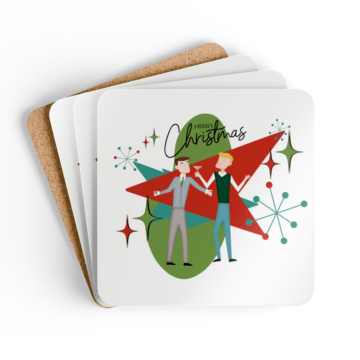 Mid Century Modern Christmas Coaster, Gay Male Couple Kitschy 50's Designed Corkwood Coaster Set - Mid Century Modern Gal