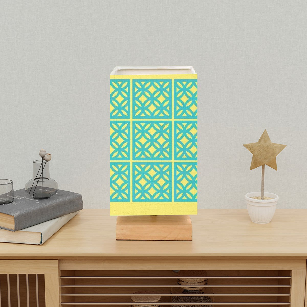 50s Brrezeblock Aqua Blue, Yellow Cheery Mod Square Table Lamp - Mid Century Modern Gal