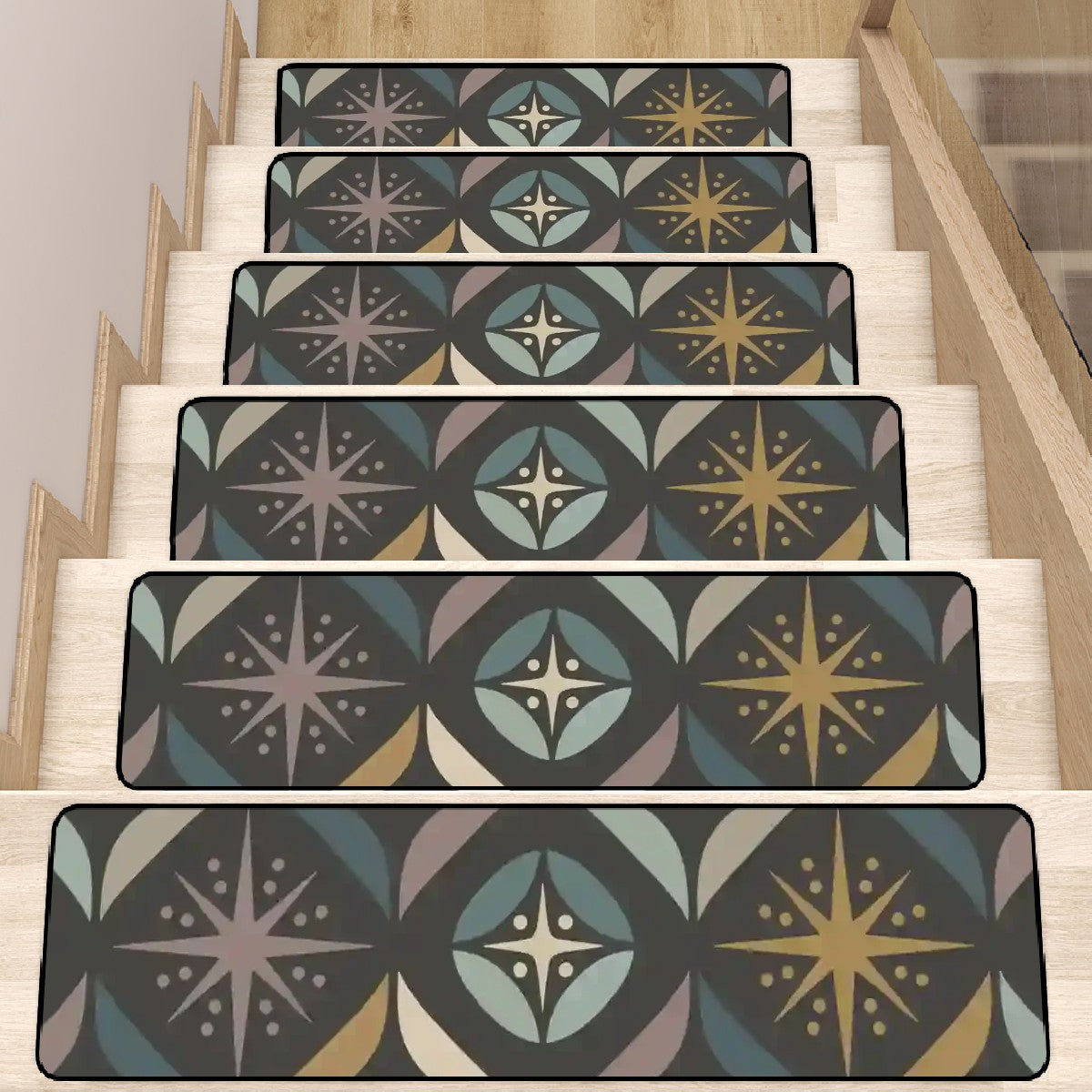 Mid Century Modern Elegant Gray Geometric Starburst Non Slip Carpet for Stairs Treads - Mid Century Modern Gal