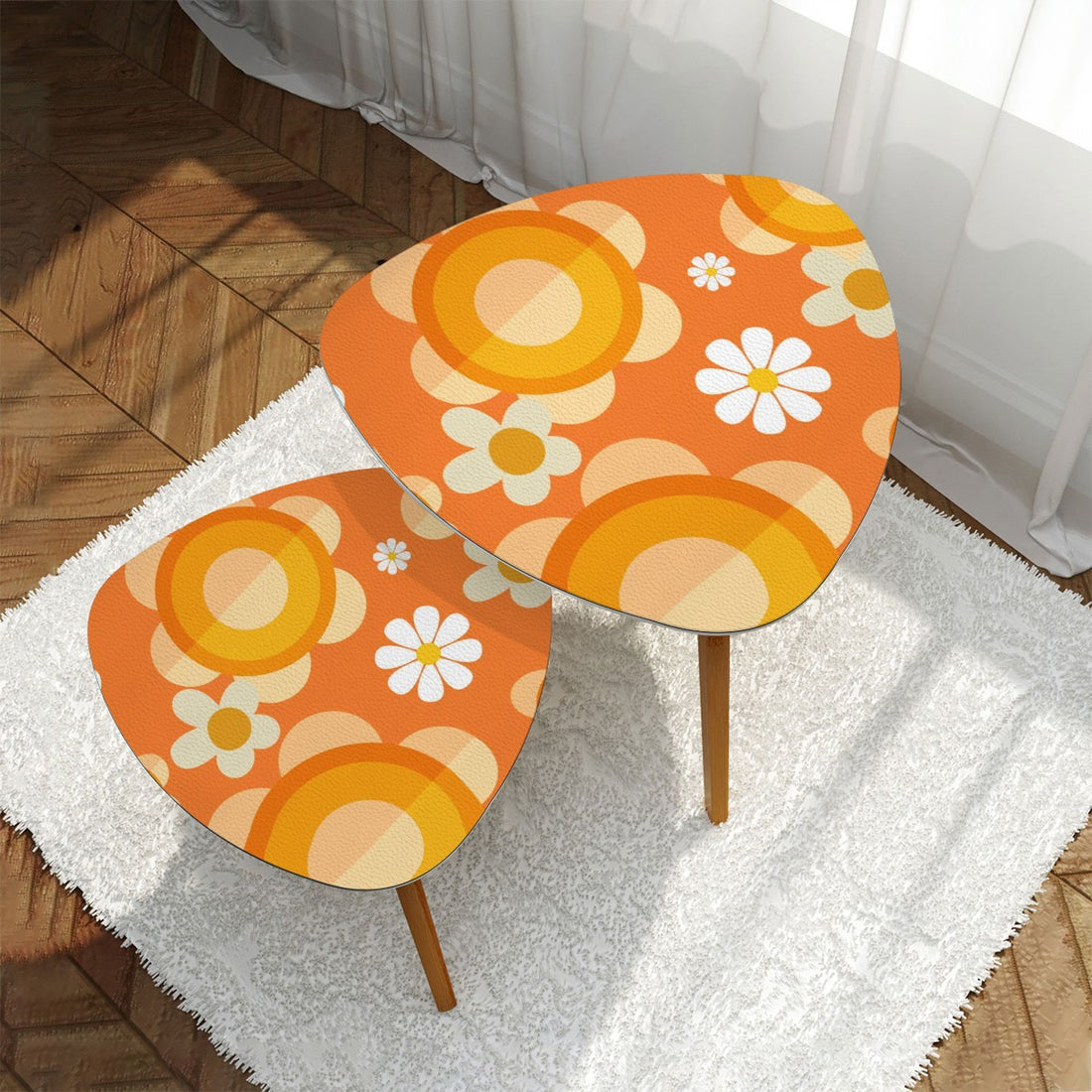 Retro 70s Flower Power Nesting Tables, Orange, Mod Daisy Triangle Coffee Table Set of 2