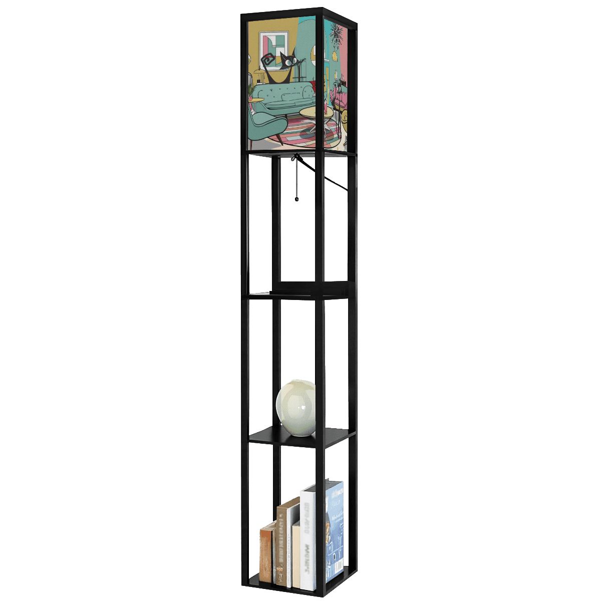 Mid Mod Retro Floor Lamp with Shelves, Adorned With Atomic Kitschy Cats In MCM Livingroom Scene - Mid Century Modern Gal
