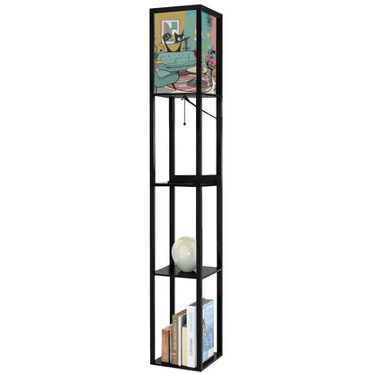 Mid Mod Retro Floor Lamp with Shelves, Adorned With Atomic Kitschy Cats In MCM Livingroom Scene - Mid Century Modern Gal