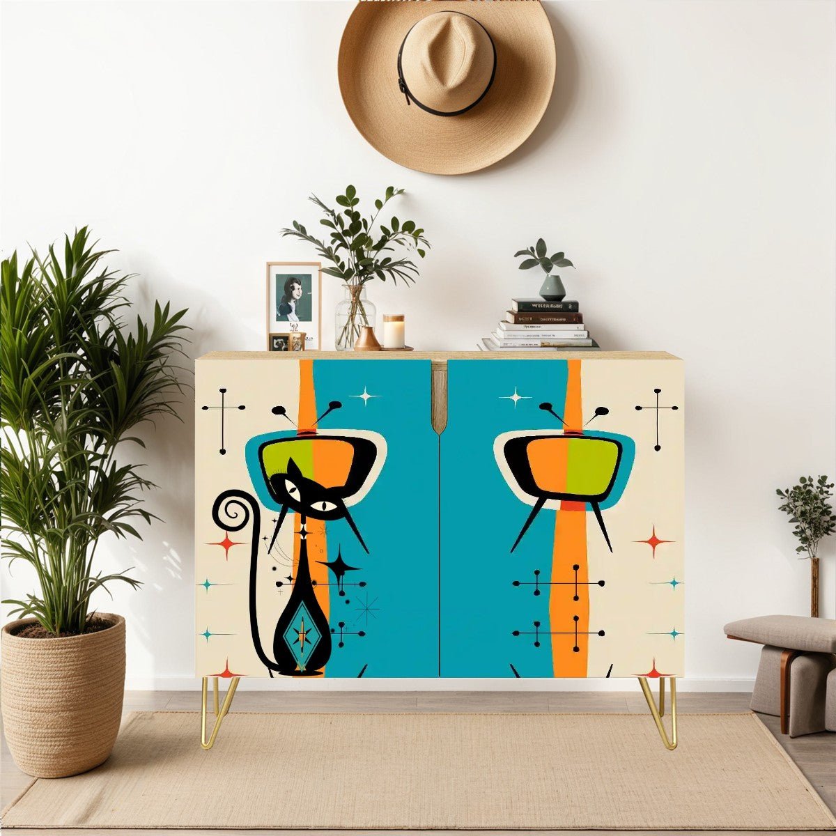 Mid Century Modern Atomic Cat, Retro TV Wooden Storage Cabinet - Mid Century Modern Gal