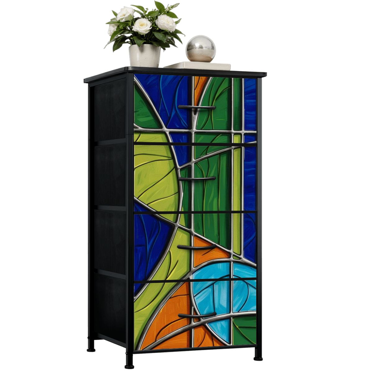 Mid Century Modern Green Blue Orange Purple Faux Stained Glass Designed 4-Drawer Dresser - Mid Century Modern Gal