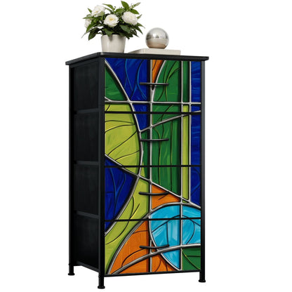 Mid Century Modern Green Blue Orange Purple Faux Stained Glass Designed 4-Drawer Dresser - Mid Century Modern Gal