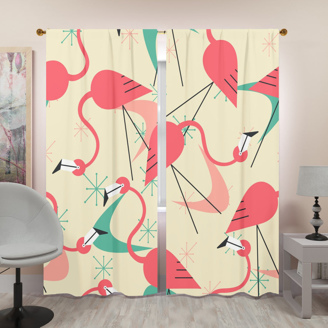 Mid Century Modern Flamingo Kitschy Fun Quirky Retro Window Curtains (two panels) - Mid Century Modern Gal