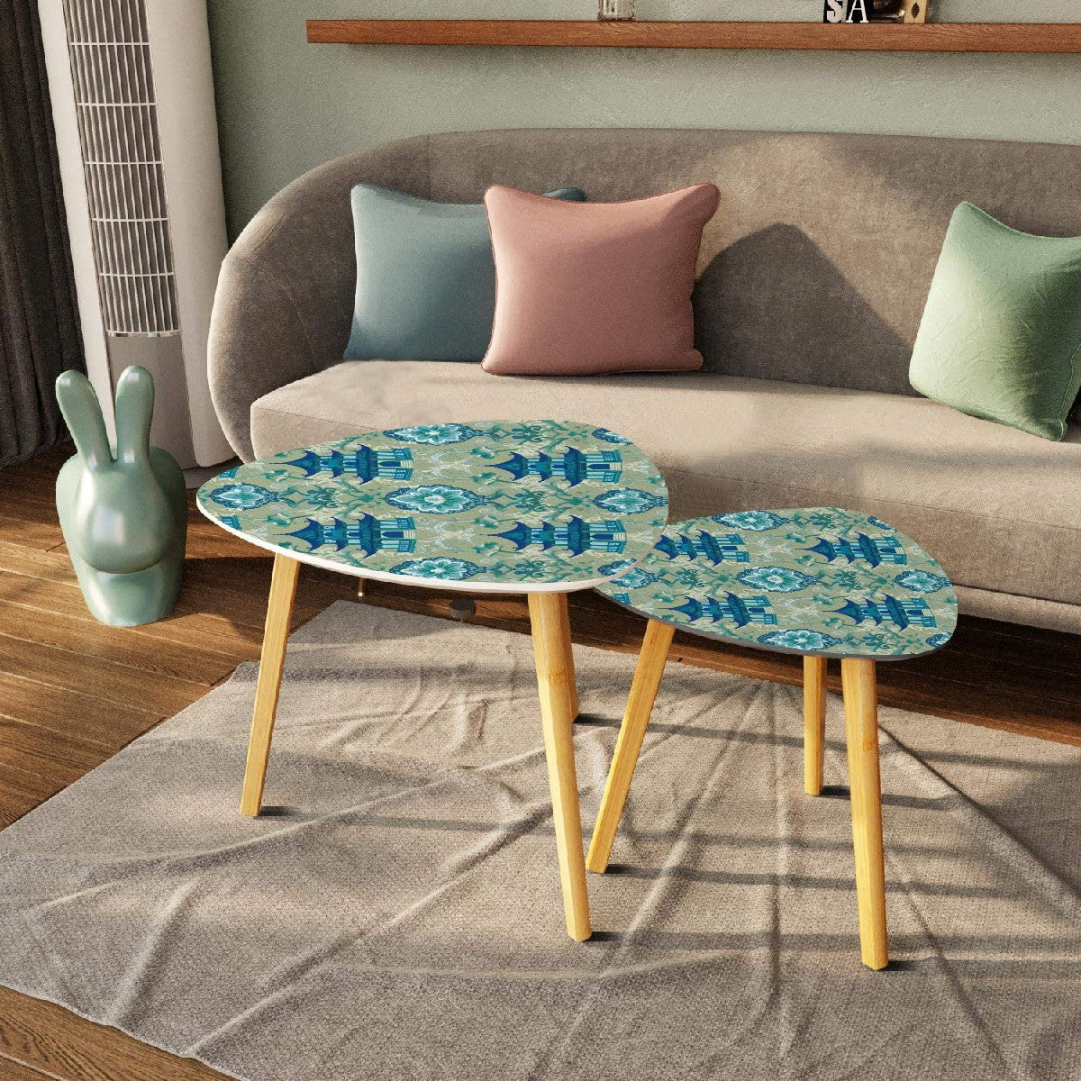 Chinoiserie Pagoda Green Blue Floral Elegant Modern Nesting Tables - Mid Century Modern Gal