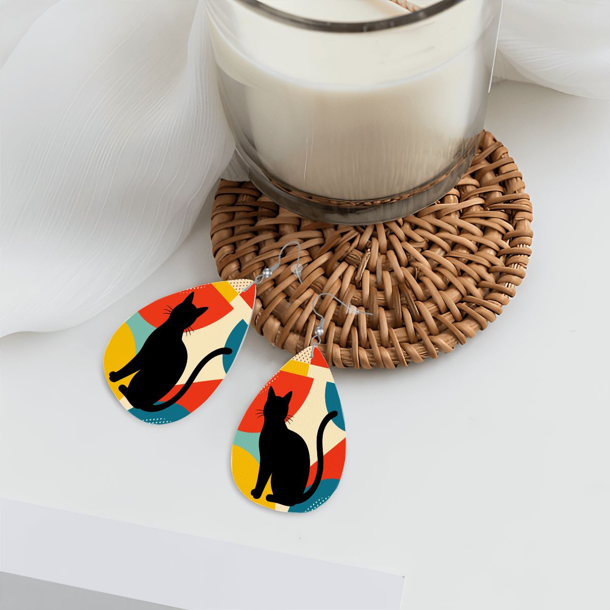 Pop Art Black Atomic Cats, Red Blue Yellow, Vegan Leather Teardrop Earrings - Mid Century Modern Gal