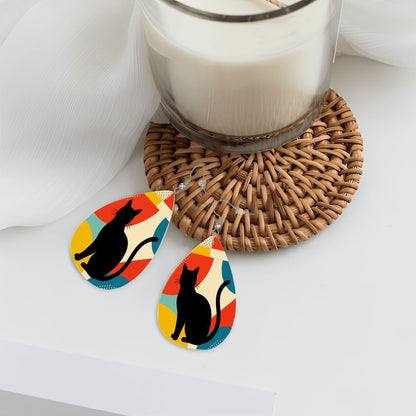 Pop Art Black Atomic Cats, Red Blue Yellow, Vegan Leather Teardrop Earrings - Mid Century Modern Gal