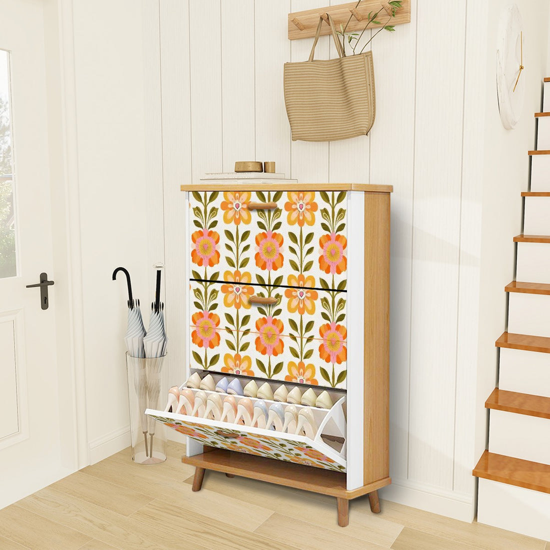 Scandinavian Modern Floral Mid Century Modern Shoe Storage Cabinet