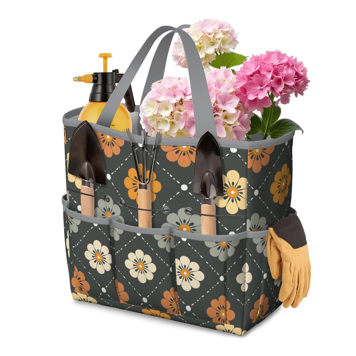 Scandinavian Floral, Mustard Yellow, Gray Mid Century Modern Garden Tool Bag - Mid Century Modern Gal