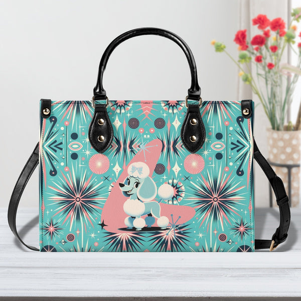 50s Poodle Mid Century Modern Atomic Starbursts Aqua, Pink Handbag/Shoulder Bag